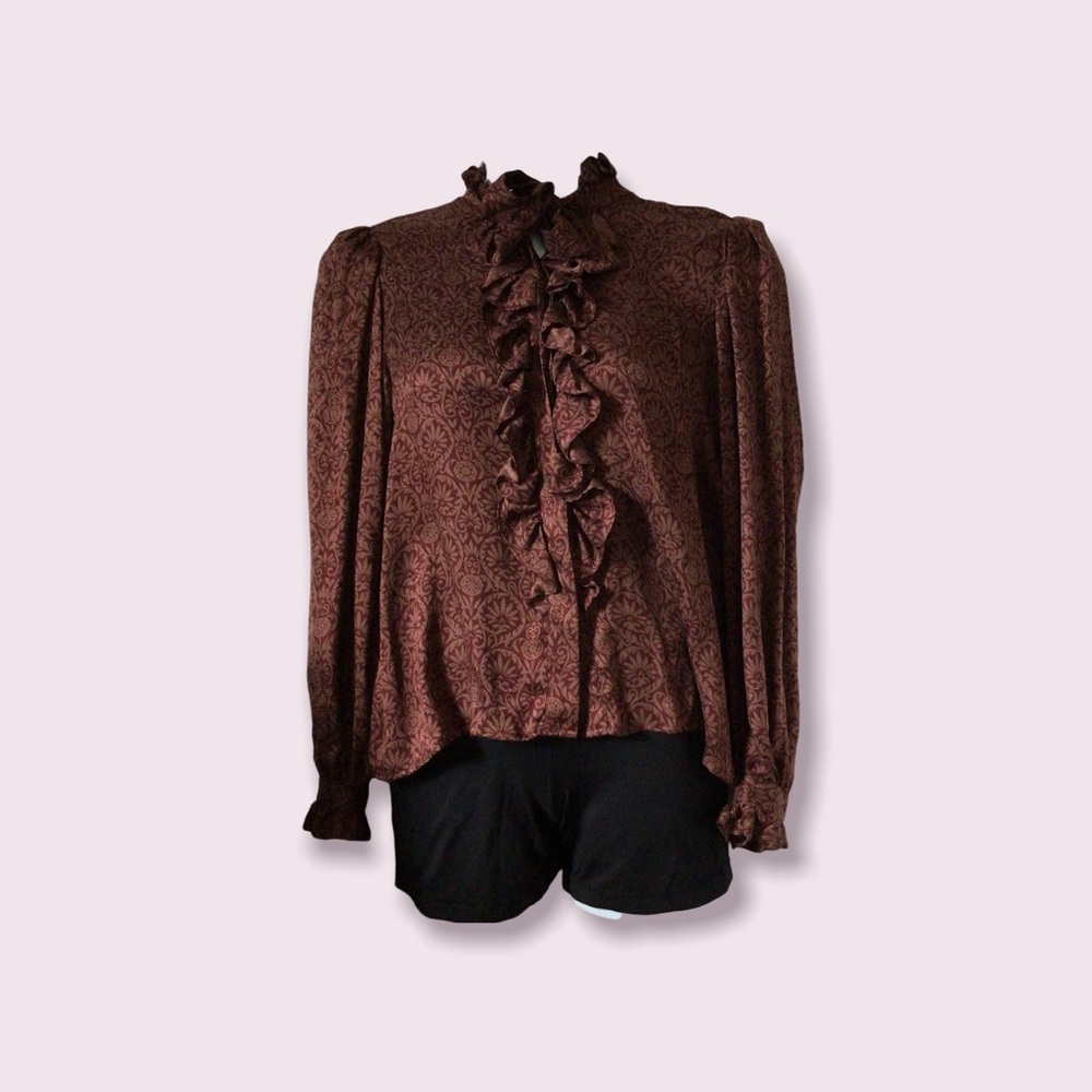 100% Silk Long Sleeve Ruffled Top Size 12